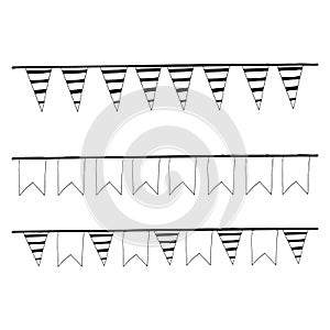 Garland with flags hanging set for design banner, border, frame, sticker. sketch hand drawn doodle. scandinavian monochrome