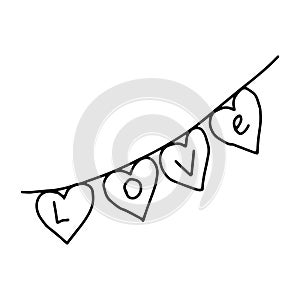 Garland of hearts with the inscription love, hand-drawn Doodle line, contour drawing.Black and white image.Love, Valentine`s day,