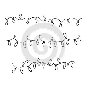 Garland lights set hand drawn vector illustration.  Various string light bulbs outline drawing. Holiday indoor and outdoor
