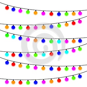 Garland with multi-colored light bulbs on a white background