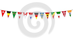 Garland with pennants from different countries on white background