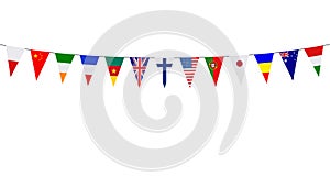 Garland with pennants from different countries on white background