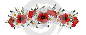 Garland of poppies, daisies and grass isolated on white