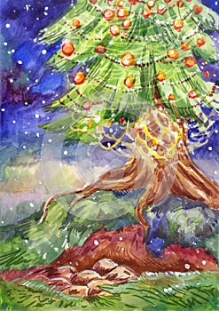 Garland tree outdoor illustration. Watercolor Chrismas painting