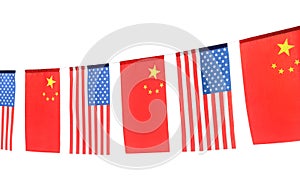 Garland with USA and China flags on white background. International relations