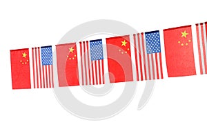 Garland with USA and China flags on white background. International relations
