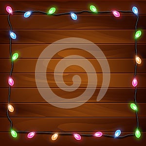 Garland on a wooden background. Christmas lights. Vector illustration