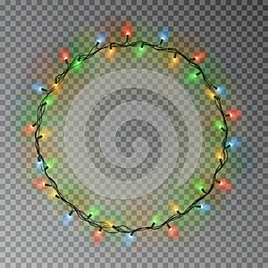 Garland wreath decorations. Christmas color lights ring with isolated shine lamps element. Glowing s