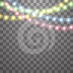 Garlands, Christmas decorations lights effects. Isolated vector design elements. Glowing lights for Xmas Holiday