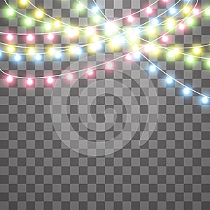 Garlands, Christmas decorations lights effects. Isolated vector design elements. Glowing lights for Xmas Holiday