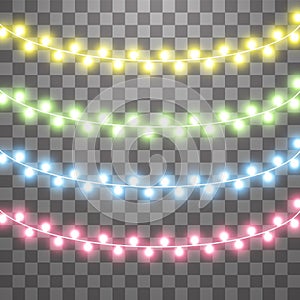 Garlands, Christmas decorations lights effects. Isolated vector design elements. Glowing lights for Xmas Holiday