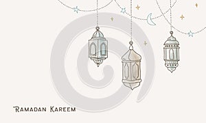 Garlands with hanging colorful arab lanterns, stars and lights. Greeting card, invitation for muslim holiday Ramadan