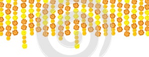 Garlands of marigolds hanging down isolated on a white background. A border of flowers. Format horizontal banner. Vector graphics