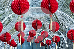 Garlands of red Chinese lanterns decorating the streets for Chinese New Year in Southeast Asia, Bangkok, Thailand