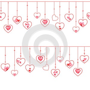 Garlands with red decorative hearts. Seamless pattern