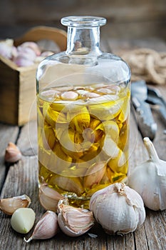 Garlic aromatic flavored oil or infusion bottle and garlic cloves