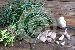 Garlic arrows. A bunch of greens on the table. Vegetable healthy vitamin food. Green stalks seedlings for salad and