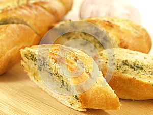 Garlic baguette, close up