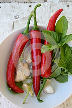 Garlic, basil and hot chili peppers