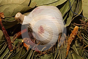 Garlic and bay leaves. dried hot peppers