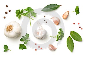 Garlic, Bay Leaves, Parsley, Allspice and Pepper Isolated on White Background