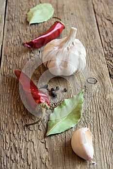 Garlic, bay leaves and peppers, spices