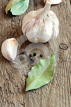 Garlic, bay leaves and peppers, spices