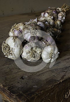 Garlic Braid on Old Wooden Work Table