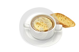 of Garlic bread with cheese soup in bowl. White backgro