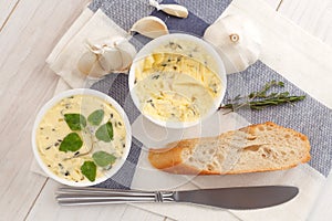 Garlic bread compound butter herb baguette thyme rosemary coriander oregano
