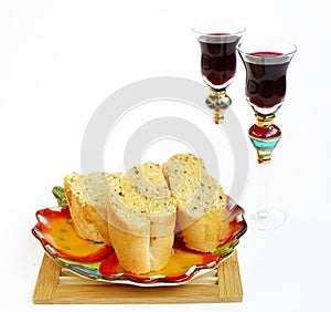 Garlic bread and wine