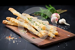 garlic breadsticks on a slate with minced garlic bulbs