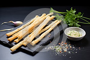 garlic breadsticks on a slate with minced garlic bulbs