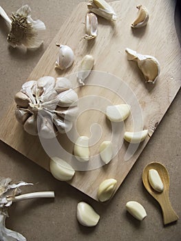 Garlic Bulb and Garlic Cloves on Wooden chopping