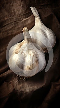 Garlic Bulbs on Brown Cloth