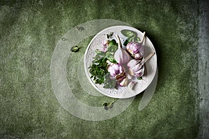 Garlic bulbs and fresh herbs on a ceramic plate. Culinary background