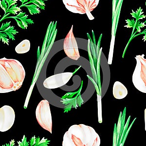 Garlic, cilantro and green onions.Watercolor illustration.Isolated on a black background.For design.