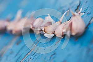 Garlic close up on a blue wooden background close-up, selective focus.