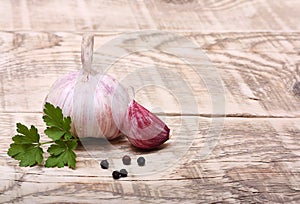 Garlic clove and parsley leaves