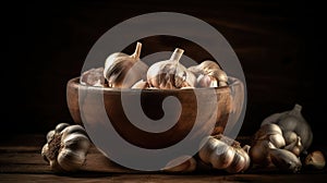 Garlic Cloves and Bulb in vintage wooden bowl, black baground, generative ai