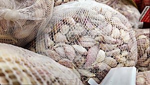 Garlic Cloves in Nets the Produce Market
