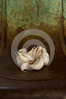 Garlic Cloves on a Rusty Metal Surface
