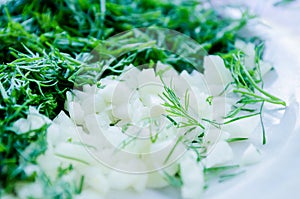 Garlic and dill on a plate. Natural products. Sliced garlic and herbs. Chopped products. Cooking and nutrition. Food Blog. We eat
