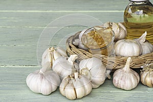 Garlic extract capsules oil in glass