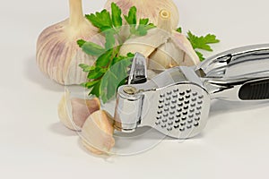 Garlic and a garlic press