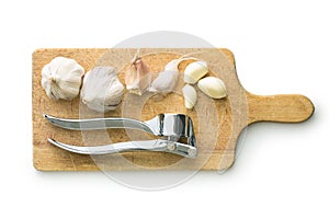 Garlic and garlic press.