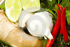 Garlic, ginger, chillies and limes