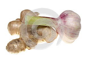 Garlic and ginger on a white background