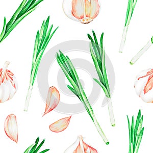 Garlic and green onions. Watercolor vintage illustration.Isolated on a white background.For design.