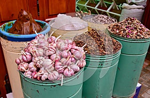 Garlic, herbs and spices in Marrakesh, Morocco